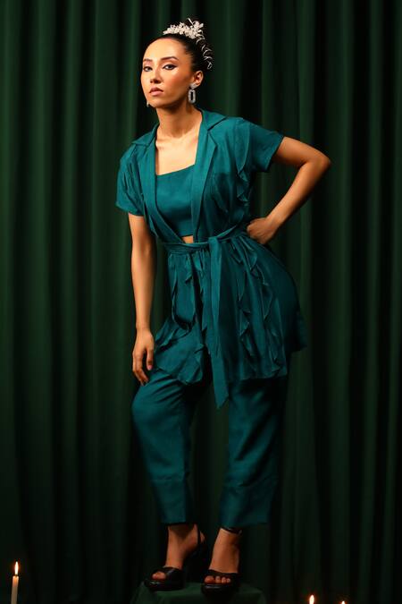 Vanshika Agarwal Label_Green Organza, Taffeta, Brocade Ruffles Collared Blazer And Pant Set _Online_at_Aza_Fashions