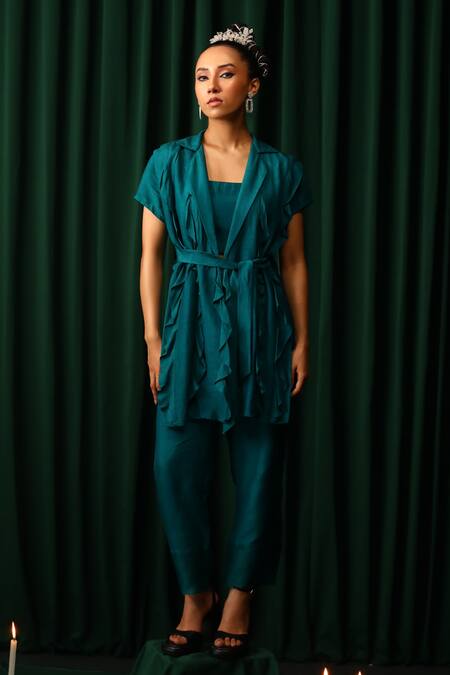 Buy_Vanshika Agarwal Label_Green Organza, Taffeta, Brocade Ruffles Collared Blazer And Pant Set _Online_at_Aza_Fashions