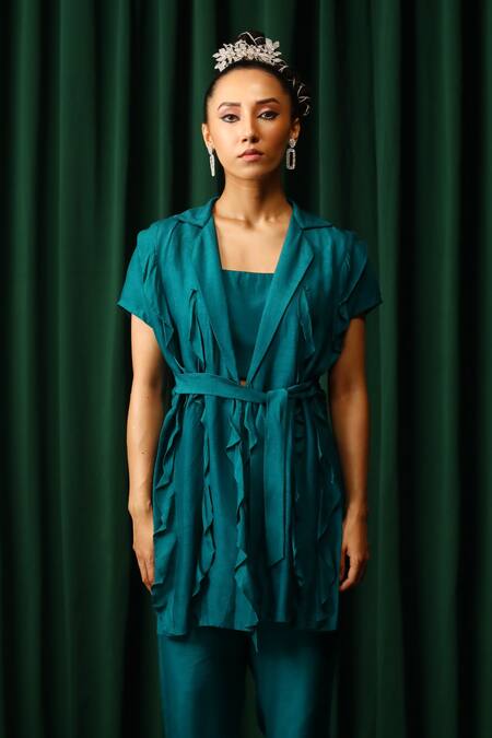 Shop_Vanshika Agarwal Label_Green Organza, Taffeta, Brocade Ruffles Collared Blazer And Pant Set _Online_at_Aza_Fashions
