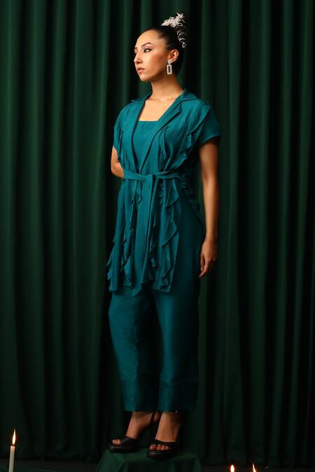Vanshika Agarwal Label_Green Organza, Taffeta, Brocade Ruffles Collared Blazer And Pant Set _at_Aza_Fashions
