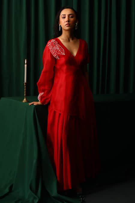 Buy_Vanshika Agarwal Label_Red Organza, Brs, Lining Sylva Asymmetric Flared Gown With One Side Jacket _Online_at_Aza_Fashions