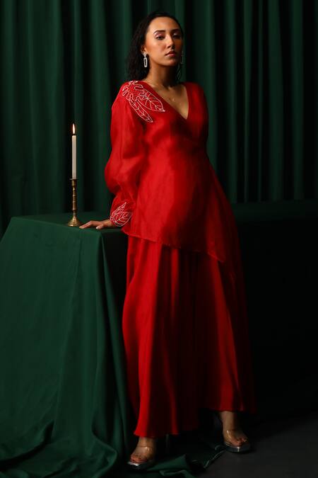 Shop_Vanshika Agarwal Label_Red Organza, Brs, Lining Sylva Asymmetric Flared Gown With One Side Jacket _Online_at_Aza_Fashions