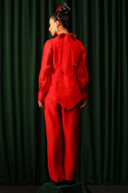 Shop_Vanshika Agarwal Label_Red Organza, Brs, Lining Taffeta Round Collar Rosa Ruffled Top With Pant _at_Aza_Fashions