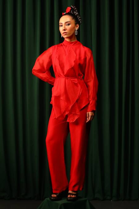 Vanshika Agarwal Label_Red Organza, Brs, Lining Taffeta Round Collar Rosa Ruffled Top With Pant _Online_at_Aza_Fashions