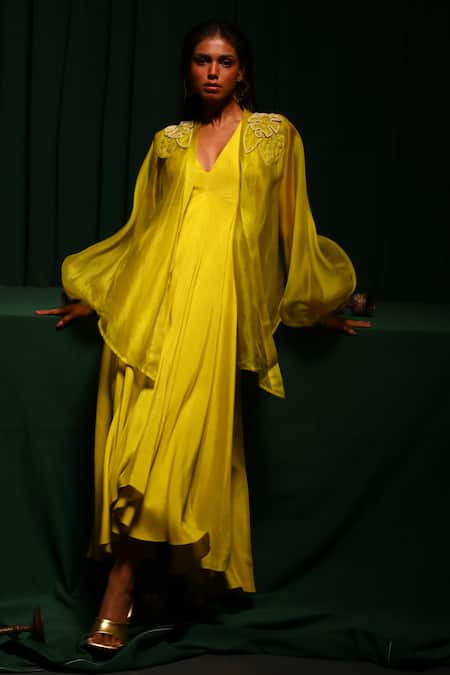 Vanshika Agarwal Label_Yellow Organza, Brocade, Taffeta Pearls Neon Asymmetric Gown And Jacket Set _Online_at_Aza_Fashions