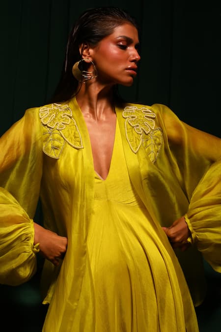 Buy_Vanshika Agarwal Label_Yellow Organza, Brocade, Taffeta Pearls Neon Asymmetric Gown And Jacket Set _Online_at_Aza_Fashions