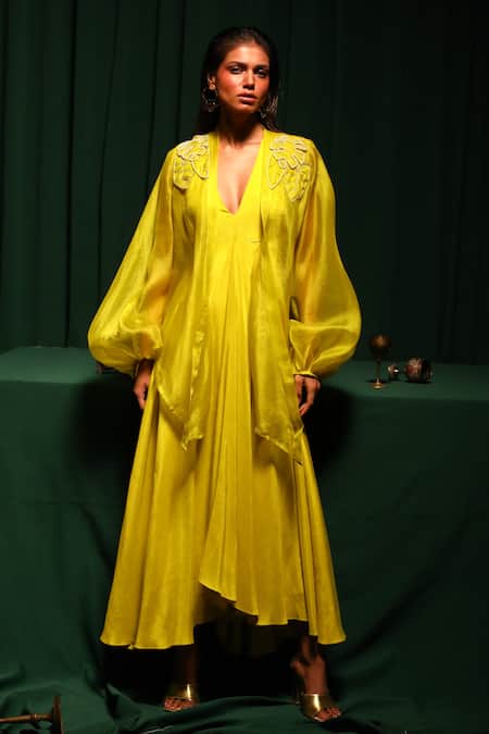 Shop_Vanshika Agarwal Label_Yellow Organza, Brocade, Taffeta Pearls Neon Asymmetric Gown And Jacket Set _Online_at_Aza_Fashions