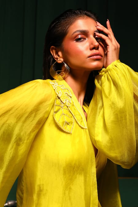 Vanshika Agarwal Label_Yellow Organza, Brocade, Taffeta Pearls Neon Asymmetric Gown And Jacket Set _at_Aza_Fashions