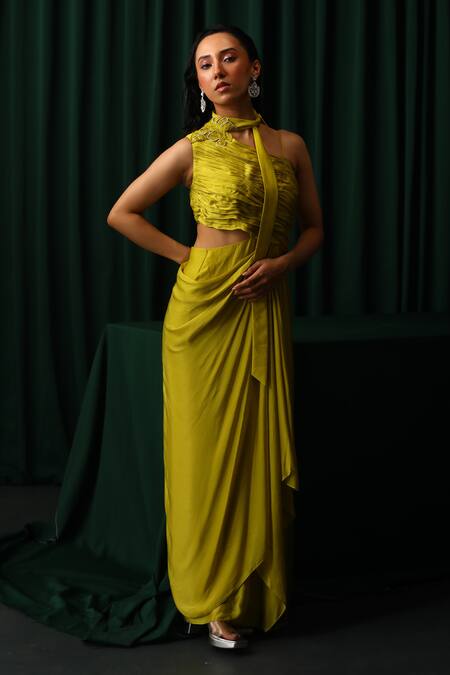 Vanshika Agarwal Label_Yellow Lining Taffeta, Satin Georgette Daphne Pleated Bodice Draped Dress _Online_at_Aza_Fashions