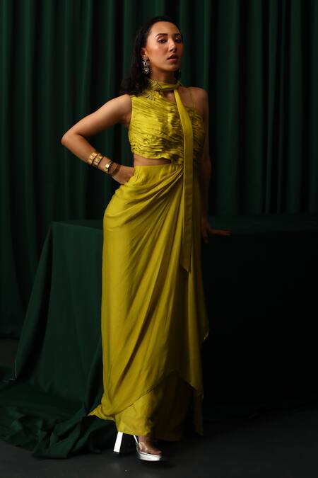 Buy_Vanshika Agarwal Label_Yellow Lining Taffeta, Satin Georgette Daphne Pleated Bodice Draped Dress _Online_at_Aza_Fashions