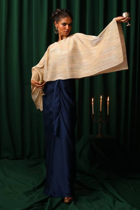 Buy_Vanshika Agarwal Label_Lining Taffeta, Stella And Soleil Stripe Poncho Top With Draped Skirt_Online_at_Aza_Fashions