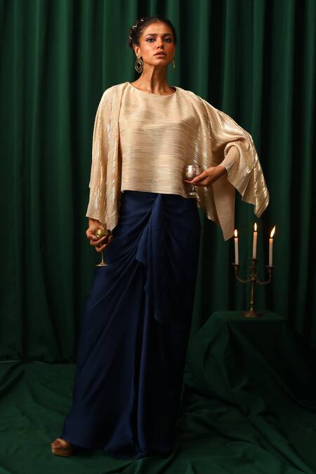 Shop_Vanshika Agarwal Label_Lining Taffeta, Stella And Soleil Stripe Poncho Top With Draped Skirt_Online_at_Aza_Fashions