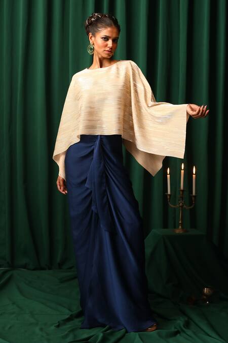 Vanshika Agarwal Label_Lining Taffeta, Stella And Soleil Stripe Poncho Top With Draped Skirt_at_Aza_Fashions