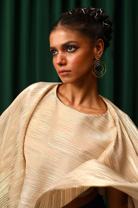 Buy_Vanshika Agarwal Label_Lining Taffeta, Stella And Soleil Stripe Poncho Top With Draped Skirt