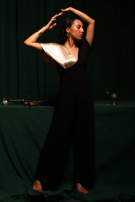 Shop_Vanshika Agarwal Label_Gold Lining Taffeta, Double Georgette And Lido Satin V Koa Color Block Jumpsuit _Online_at_Aza_Fashions