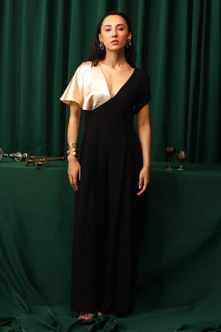 Buy_Vanshika Agarwal Label_Gold Lining Taffeta, Double Georgette And Lido Satin V Koa Color Block Jumpsuit 