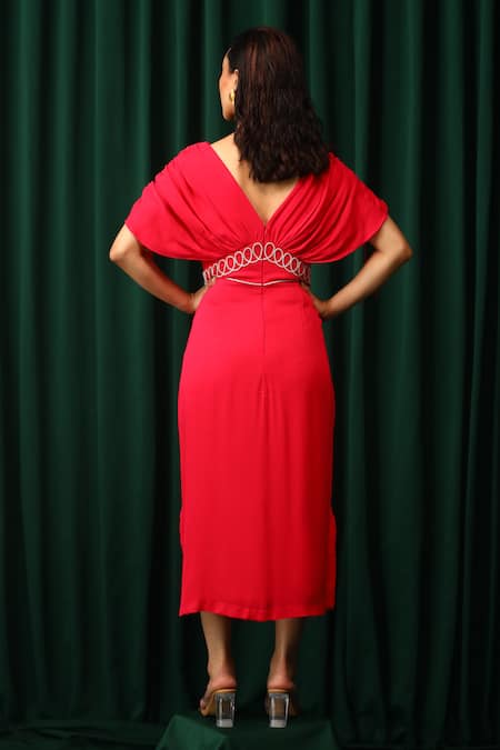 Shop_Vanshika Agarwal Label_Pink Georgette, Taffeta Lace V-neck Fuchsia Ruched Cape Sleeves Dress _at_Aza_Fashions