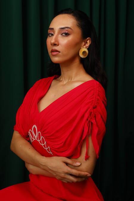 Vanshika Agarwal Label_Pink Georgette, Taffeta Lace V-neck Fuchsia Ruched Cape Sleeves Dress _at_Aza_Fashions