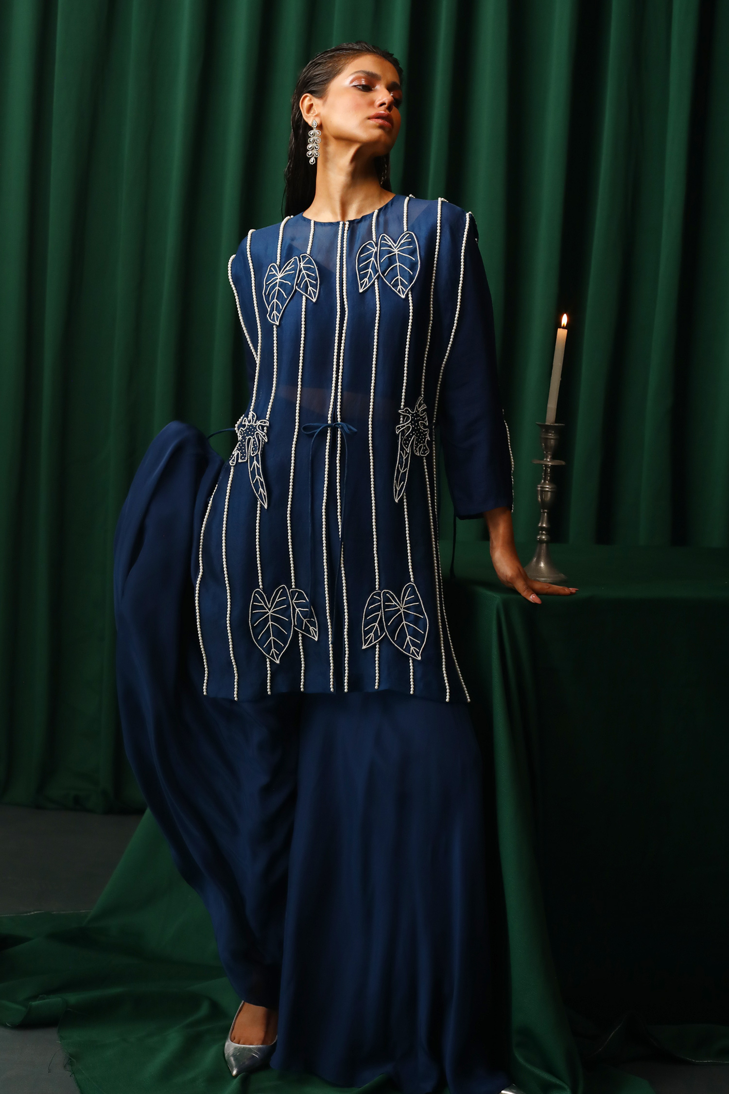 Vanshika Agarwal Label_Blue Organza, Cotton, Brocade, Crepe, Taffeta Pearls, Embroidery Jacket Pant Set _Online_at_Aza_Fashions