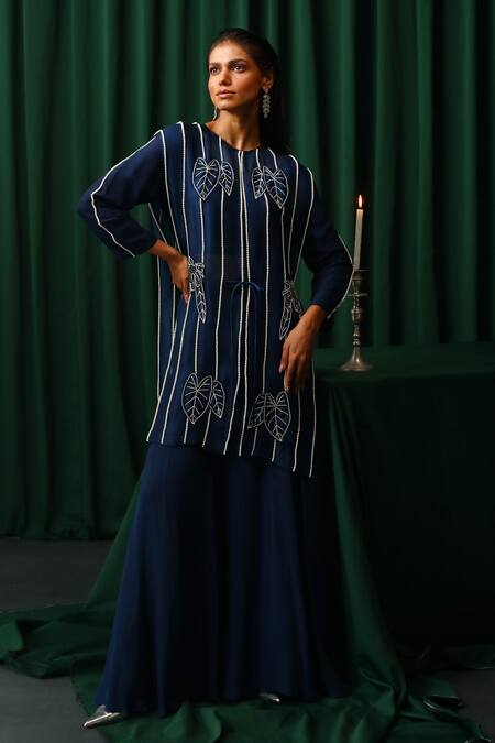 Buy_Vanshika Agarwal Label_Blue Organza, Cotton, Brocade, Crepe, Taffeta Pearls, Embroidery Jacket Pant Set _Online_at_Aza_Fashions