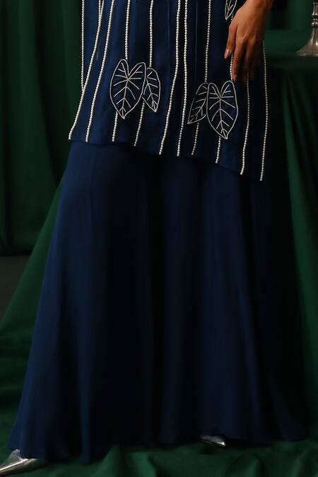 Shop Vanshika Agarwal Label Blue Organza, Cotton, Brocade, Crepe, Taffeta Pearls, Embroidery Jacket Pant Set Online at Aza Fashions Shop_Vanshika Agarwal Label_Blue Organza, Cotton, Brocade, Crepe, Taffeta Pearls, Embroidery Jacket Pant Set _Online_at_Aza_Fashions