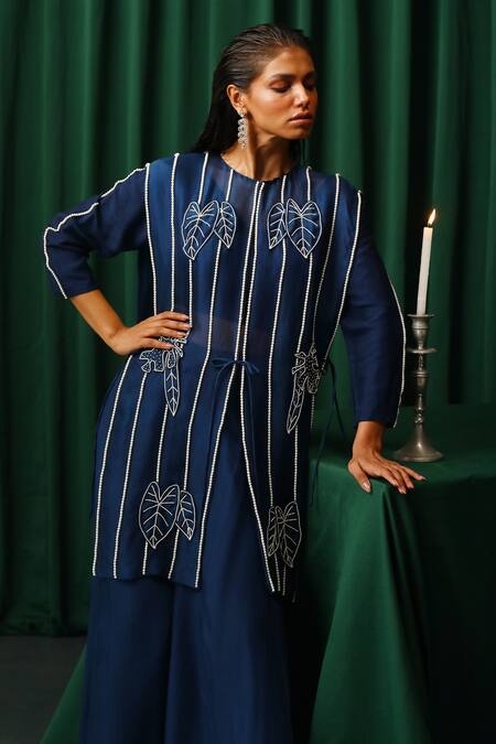 Buy_Vanshika Agarwal Label_Blue Organza, Cotton, Brocade, Crepe, Taffeta Pearls, Embroidery Jacket Pant Set 