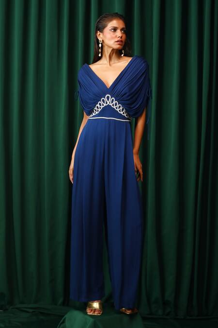 Buy_Vanshika Agarwal Label_Blue Lining Taffeta, Double Aries Spiral Embellished Ruched Sleeves Jumpsuit _Online_at_Aza_Fashions