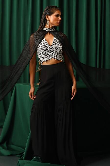 Buy_Vanshika Agarwal Label_Black Brs, Lining Taffeta, Art Crepe And Nori Embroidered Cape Sharara Set _Online_at_Aza_Fashions