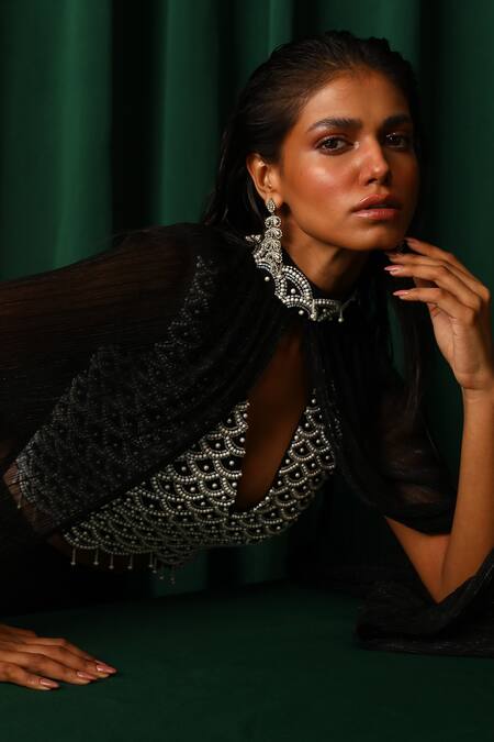 Vanshika Agarwal Label_Black Brs, Lining Taffeta, Art Crepe And Nori Embroidered Cape Sharara Set _at_Aza_Fashions