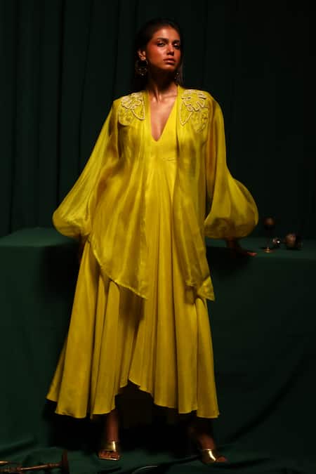 Buy_Vanshika Agarwal Label_Yellow Organza, Brocade, Taffeta Pearls Neon Asymmetric Gown And Jacket Set 