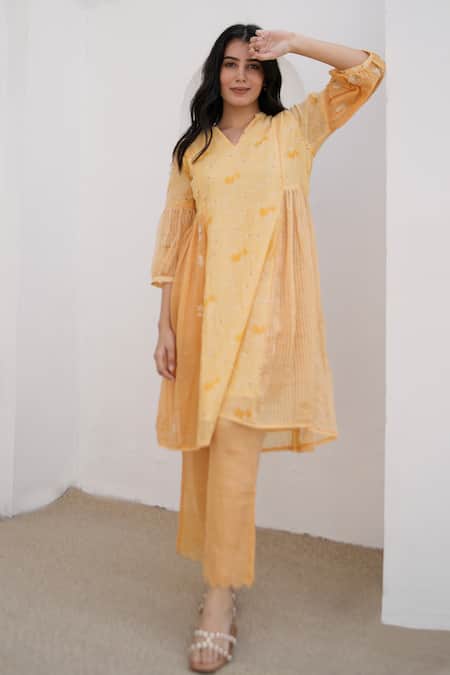 Banera Yellow Chanderi Printed And Hand Embroidered Clara Anarkali & Pant Set 