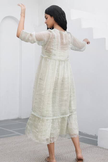 Shop Banera Green Silk, Lurex Embroidery Mandarin Collar, Round Neck Rudy Yoke Tiered Dress at Aza Fashions Shop_Banera_Green Silk, Lurex Embroidery Mandarin Collar, Round Neck Rudy Yoke Tiered Dress_at_Aza_Fashions