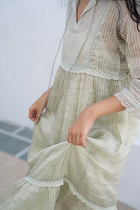 Buy Banera Green Silk, Lurex Embroidery Mandarin Collar, Round Neck Rudy Yoke Tiered Dress Online at Aza Fashions Buy_Banera_Green Silk, Lurex Embroidery Mandarin Collar, Round Neck Rudy Yoke Tiered Dress_Online_at_Aza_Fashions