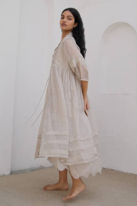 Banera_Beige Chanderi, Silk Sequins, Beads V-neck, Amber Gathered Jacket And Dress Set_Online_at_Aza_Fashions