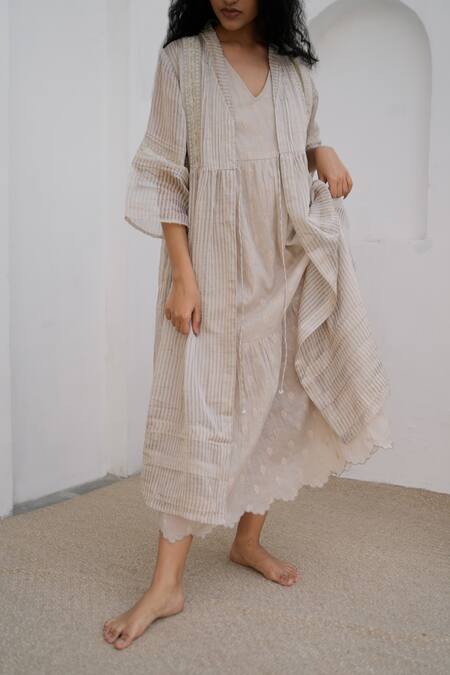 Buy_Banera_Beige Chanderi, Silk Sequins, Beads V-neck, Amber Gathered Jacket And Dress Set_Online_at_Aza_Fashions