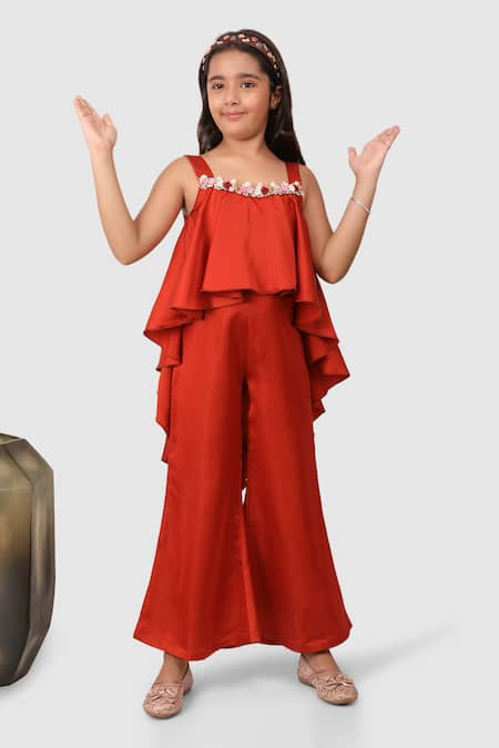 Jelly Jones Coral Crepe Embroidered Asymmetric Yoke Jumpsuit 