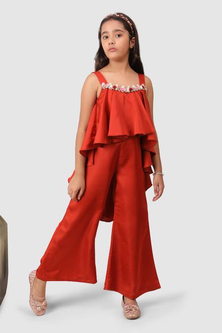 Jelly Jones_Coral Crepe Embroidery Asymmetric Yoke Jumpsuit_Online_at_Aza_Fashions