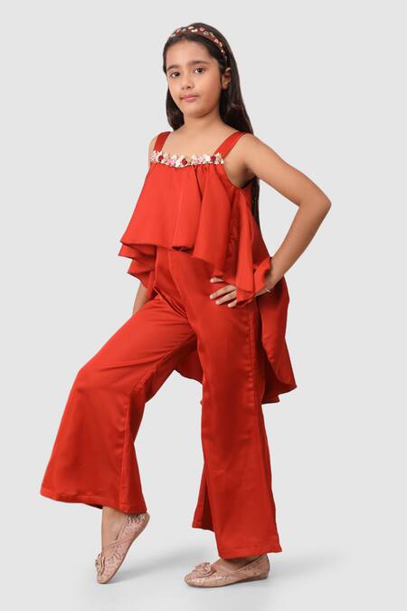 Buy_Jelly Jones_Coral Crepe Embroidery Asymmetric Yoke Jumpsuit_Online_at_Aza_Fashions
