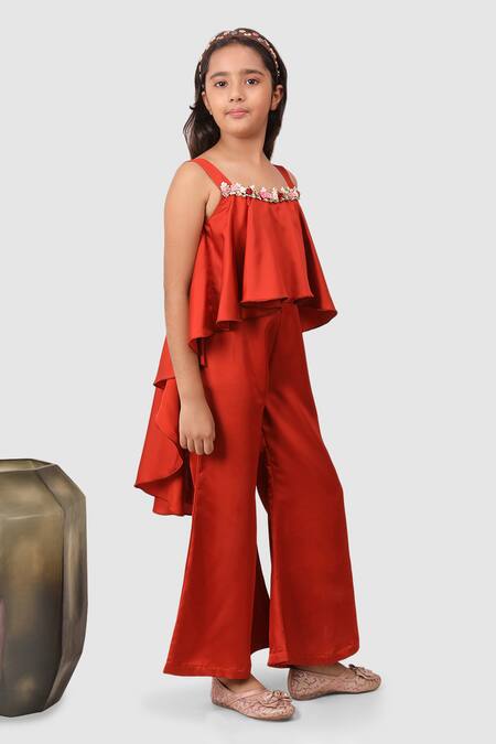 Jelly Jones_Coral Crepe Embroidery Asymmetric Yoke Jumpsuit_at_Aza_Fashions
