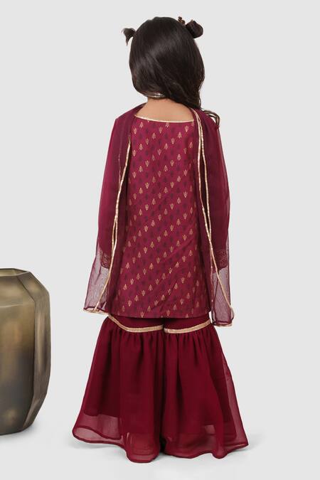 Shop_Jelly Jones_Wine Georgette, Rayon Embroidery Floral Pattern Kurta Sharara Set_at_Aza_Fashions