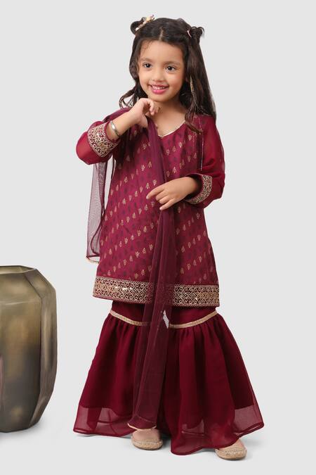 Jelly Jones_Wine Georgette, Rayon Embroidery Floral Pattern Kurta Sharara Set_Online_at_Aza_Fashions