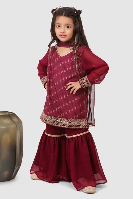 Buy_Jelly Jones_Wine Georgette, Rayon Embroidery Floral Pattern Kurta Sharara Set_Online_at_Aza_Fashions