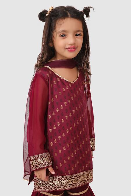 Shop_Jelly Jones_Wine Georgette, Rayon Embroidery Floral Pattern Kurta Sharara Set_Online_at_Aza_Fashions