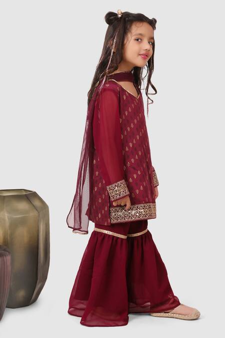 Jelly Jones_Wine Georgette, Rayon Embroidery Floral Pattern Kurta Sharara Set_at_Aza_Fashions