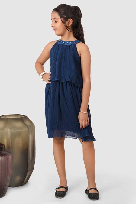 Jelly Jones_Blue Georgette Textured Dress_Online_at_Aza_Fashions