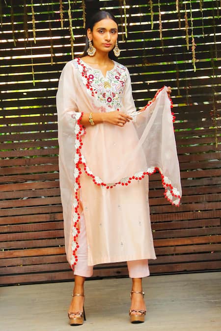 Kasturi Tikmani_Peach Kurta Pure Chanderi Silk Embroidery Thread Notched Set_at_Aza_Fashions