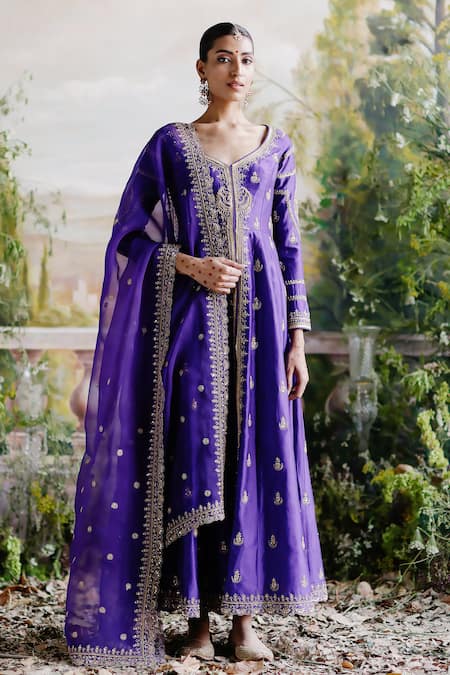 Buy_Jigar Mali_Purple Organza, Chanderi, Linen Embroidery V-neck Jacket Pant Set _Online_at_Aza_Fashions