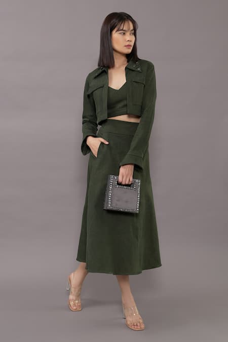 Green denim 2025 skirt and jacket