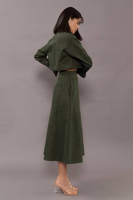 Buy_Kritika Madan Label_Green Denim Embellished Buttons Jacket Collar Crop And Skirt Co-ord Set_Online_at_Aza_Fashions