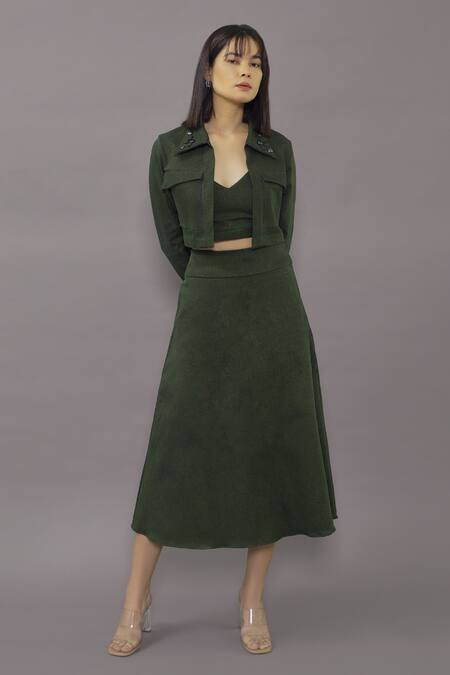 Kritika Madan Label_Green Denim Embellished Buttons Jacket Collar Crop And Skirt Co-ord Set_at_Aza_Fashions